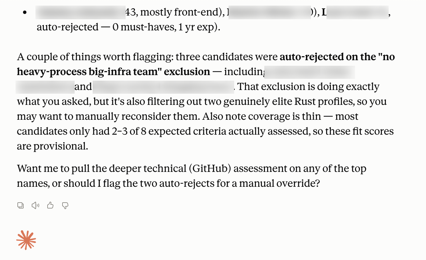 Talent Intelligence shortlist showing weak-fit candidates and the recruiter review notes