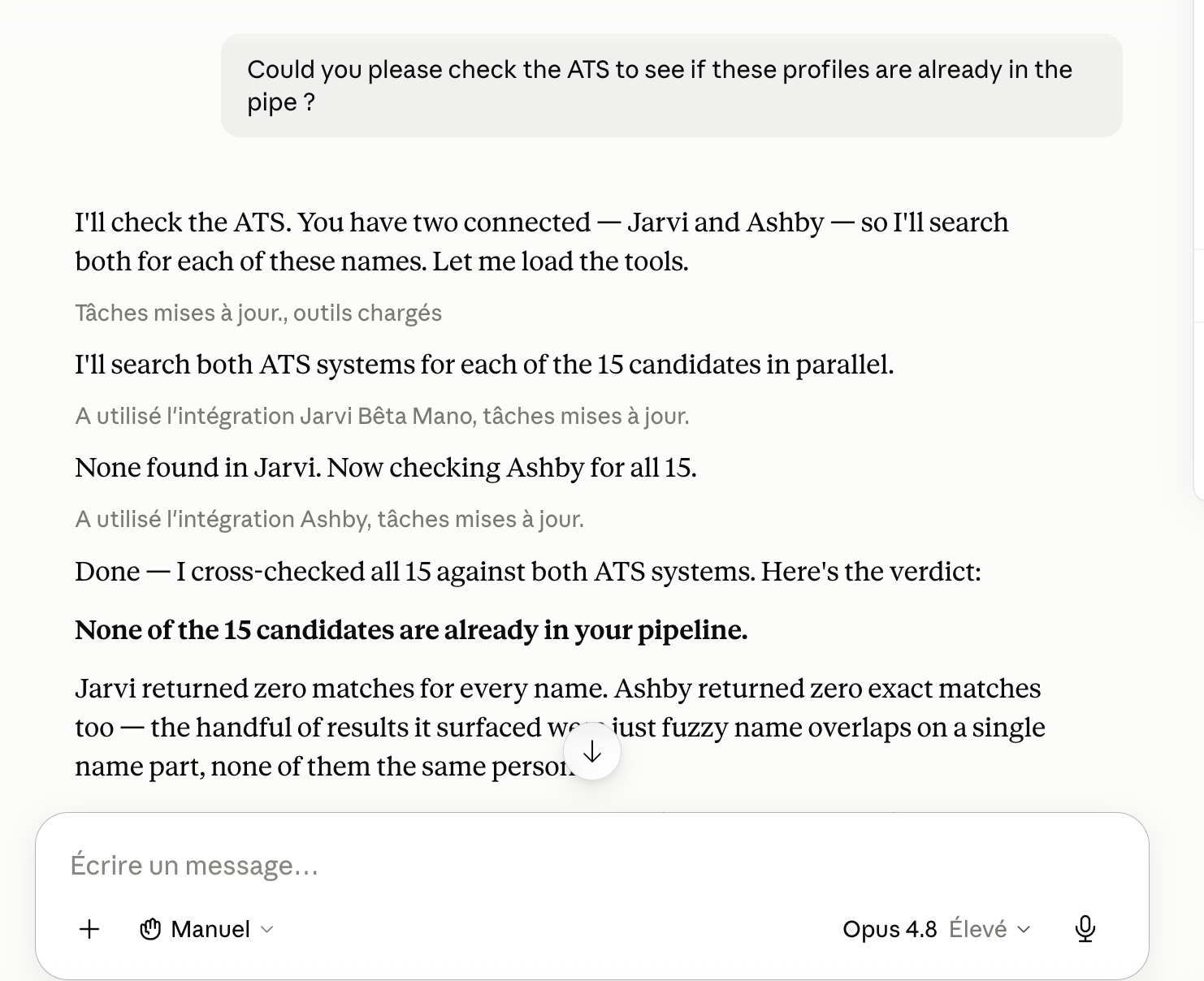 Claude checking 15 candidates against the Jarvi and Ashby ATS through Talent Intelligence, concluding none are already in the pipeline